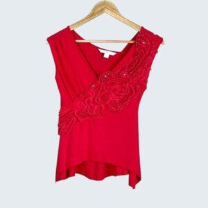 BOSTON PROPER CROCHET BEADED RED V-NECK TOP